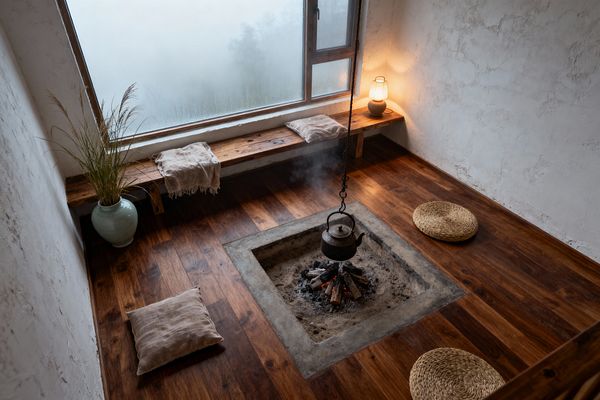 A minimalist living room features a central sunken concrete fire pit with glowing embers and an iron kettle suspended on a black chain. Warm walnut plank floors surround the hearth, with two round woven straw cushions and a beige linen floor pillow for seating. A rustic wood bench lines a large misted window, topped with soft throws and pillows. Textured off-white plaster walls, a small woven lamp, and a pale ceramic vase with dried grasses complete the calm scene.