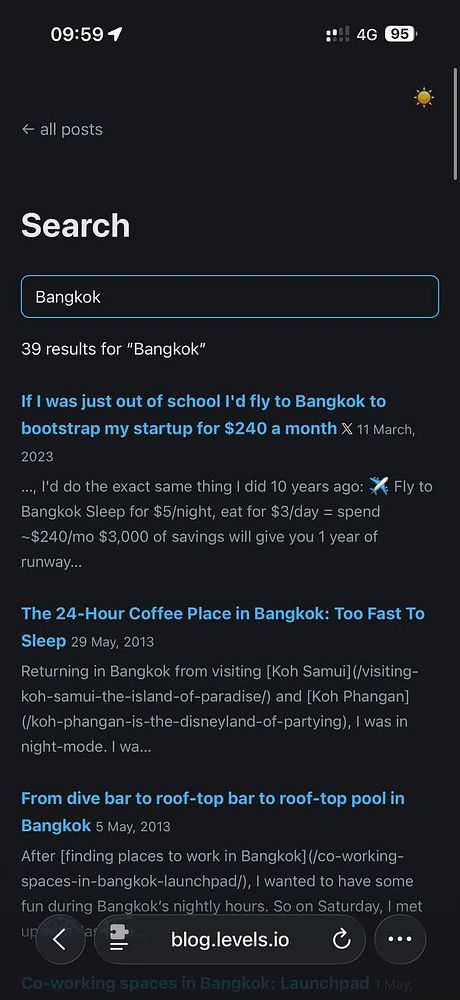 Screenshot of a mobile app UI featuring a search bar, tabs, and blog entry listings.