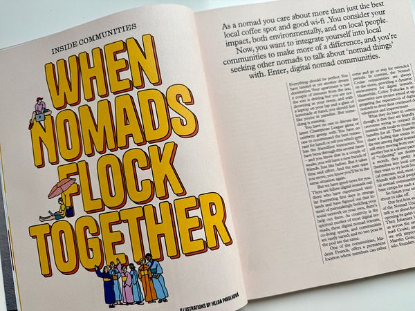 The image features an open magazine page with a vibrant title and an article discussing digital nomad communities.