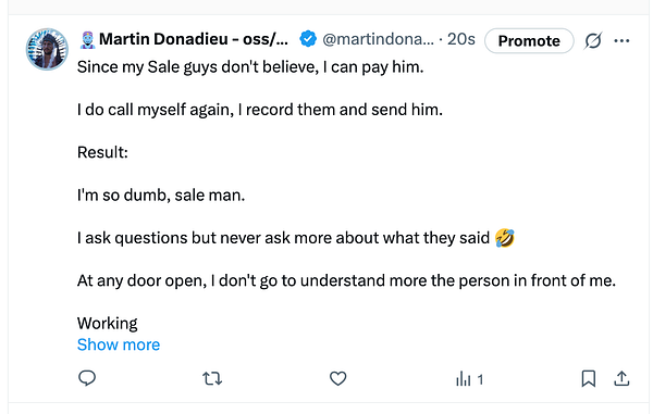 A Twitter post discussing challenges in sales communication.