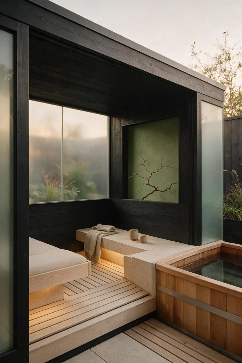 A compact backyard spa pavilion in Japandi style with dark wood walls and frosted glass panels, a light wood slatted floor, and built-in stone seating. A wooden soaking tub occupies the corner, while neutral cushions and small ceramic cups add a calm, minimal touch. Soft natural light and muted greenery create a tranquil atmosphere.