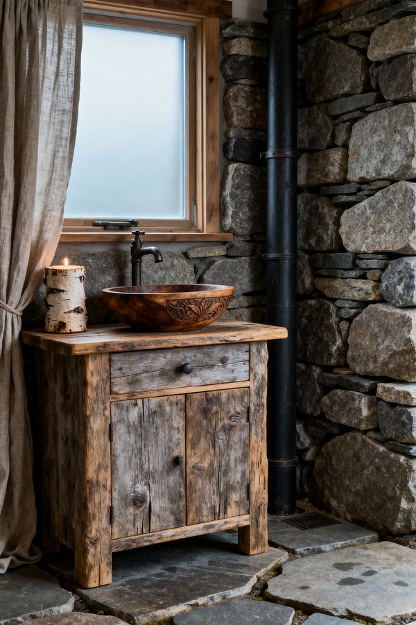 A rustic bathroom corner with a weathered reclaimed-wood vanity supports a carved wooden vessel sink and dark metal faucet, beside a birch-wrapped candle. The space features a dry-stacked fieldstone wall, a matte black iron pipe, and slate flagstone floor. A frosted window in a wood frame filters soft light next to a natural linen curtain.