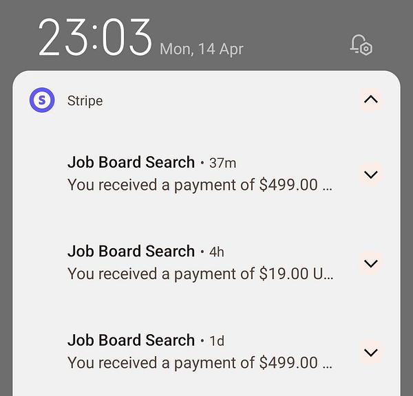 The image displays a notification panel showing recent payment notifications from Stripe related to Job Board Search.