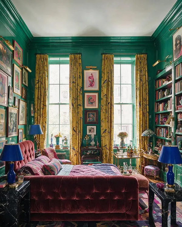 A maximalist guest bedroom with glossy emerald green walls and trim, tall windows framed by mustard floral curtains, and a deep burgundy velvet bed at the center. The room is filled with framed artwork, bookshelves, patterned textiles, blue table lamps, and layered decorative objects, creating an eclectic, richly decorated atmosphere.