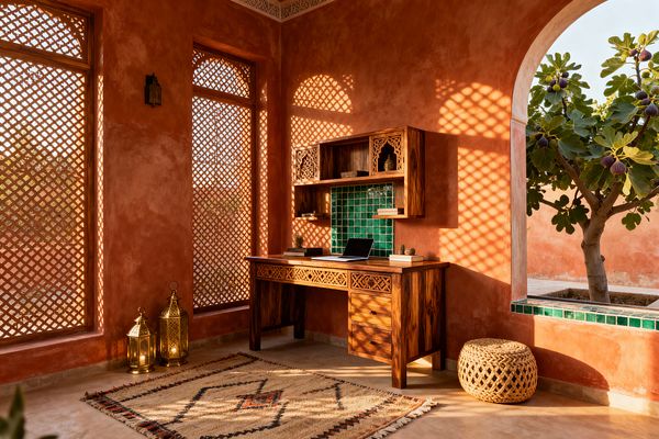 A Moroccan-style home office features terracotta tadelakt walls and arched lattice screens that cast patterned light over a carved solid-wood desk and shelving. An emerald green zellige tile backsplash, brass lanterns, a cream Berber rug with black and rust diamonds, a woven rattan pouf, and a built-in planter with a fig tree on beige stone flooring complete the warm, sunlit scene.