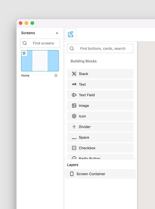 The image displays a user interface for a design tool featuring a 'Screens' tab with various building blocks and layers.