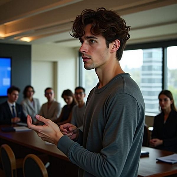 A young man presents in a modern conference room while a group listens attentively.