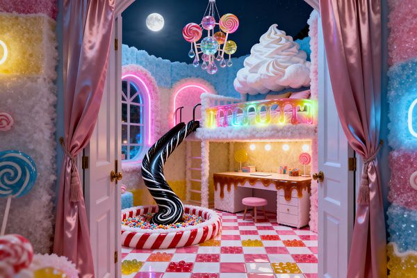A whimsical kids’ room styled like Candy Land shows a loft bed with rainbow neon railing and a giant whipped-cream headboard, reached by a ladder and a glossy black spiral slide that lands in a peppermint ring ball pit. Below the loft is a white desk with a chocolate-drip edge and globe vanity lights on pink-and-white checkerboard tiles. Pastel sugar-textured walls, a lollipop glass chandelier, and pink satin curtains frame an arched moonlit window.