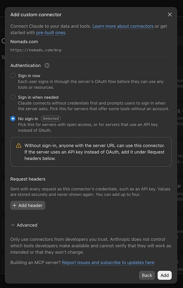Configuration window to add a custom connector for Nomads.com/mcp with authentication options and request headers settings.