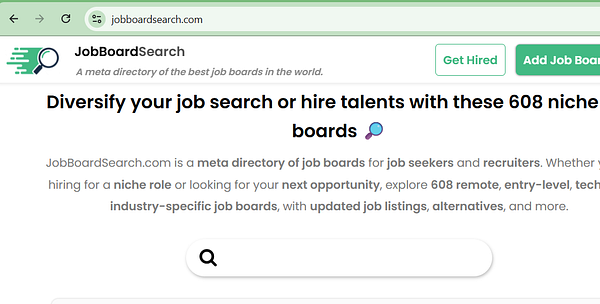 The image displays a webpage for JobBoardSearch, a directory of job boards for job seekers and recruiters.