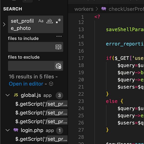 The image displays a code editor interface showing a search for 'set_profile_photo' within a project.