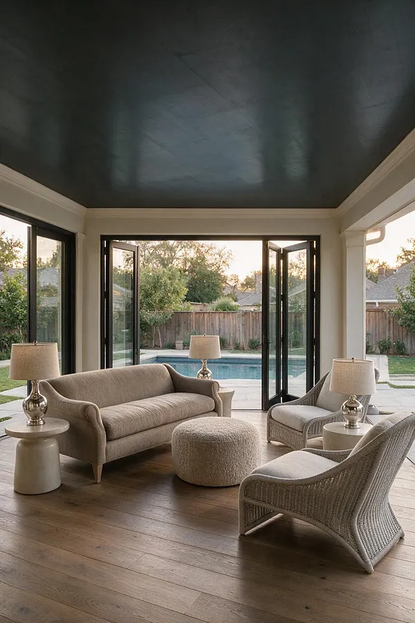 A covered backyard lounge opens to a swimming pool through black-framed folding glass doors. The space includes a beige sofa, woven armchairs, round ottomans, and matching table lamps on sculptural side tables, with warm wood flooring and a dark ceiling overhead.