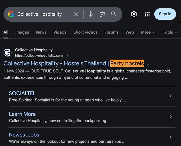 The image displays a Google search result for 'Collective Hospitality,' highlighting its focus on hostels in Thailand.