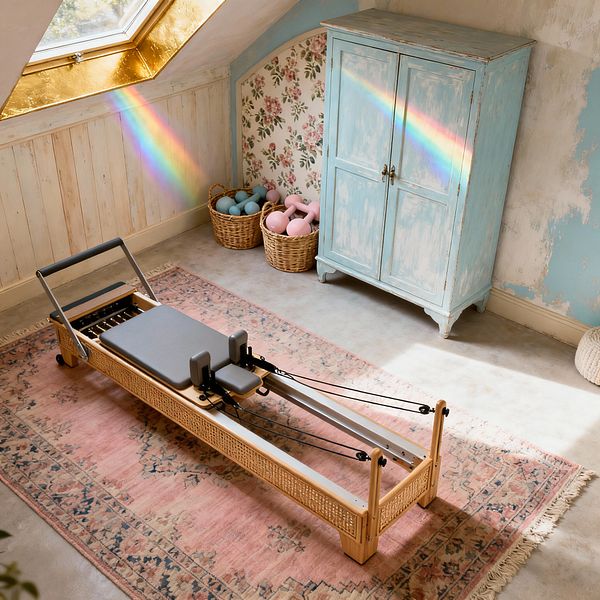 An attic home gym with a wooden Pilates reformer featuring woven cane sides and gray pads sits on a faded pink rug over a light concrete floor. A distressed pale-blue armoire with brass pulls stands beside a panel of floral wallpaper, with two wicker baskets holding pastel dumbbells and small exercise balls. A sloped skylight with gold trim casts a rainbow across the cabinet, and whitewashed beadboard and worn plaster walls frame the cozy space.