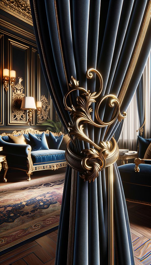 a set of elegant, gold metal tiebacks holding back dark blue velvet drapes in a luxuriously decorated living room.