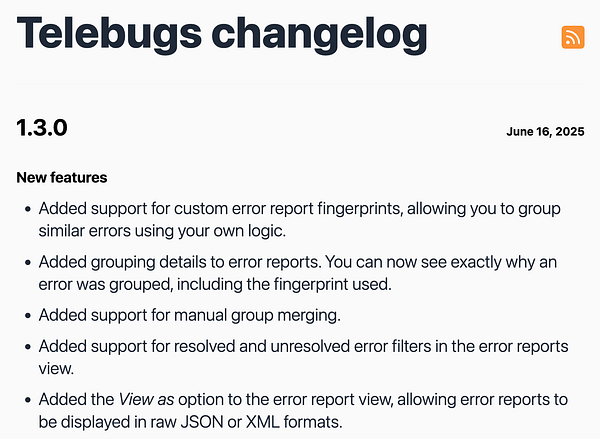 Changelog for Telebugs version 1.3.0 detailing new features.