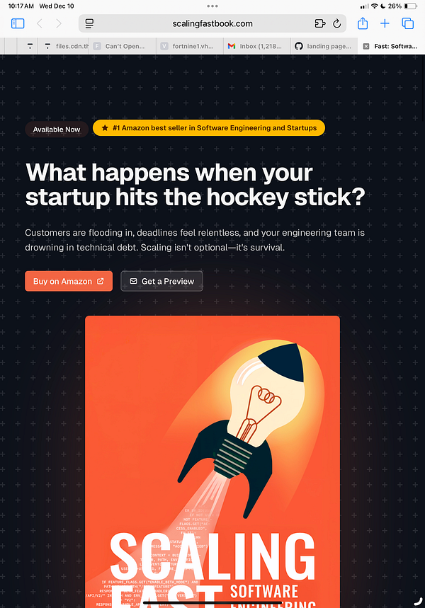 The image features a promotional webpage for the book 'Scaling Fast' with a vibrant design and key selling points.