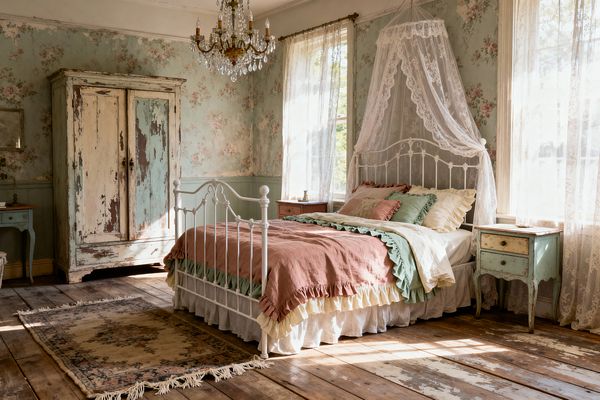 A sunlit shabby chic bedroom features a white wrought-iron bed draped with a lace canopy and layered ruffled linens in blush, sage, and cream. Pastel floral wallpaper with pale green wainscoting surrounds distressed mint and cream furniture, including a weathered armoire and mismatched nightstands; sheer lace curtains, a crystal chandelier, aged wood plank floors, and a fringed vintage rug complete the romantic, timeworn look.