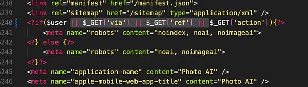 The image displays a code snippet related to meta tags and conditional logic for web indexing.
