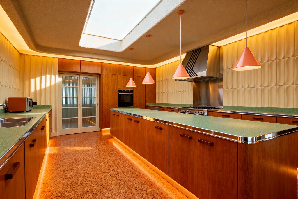 A long Mid-Century Modern kitchen with a central island shows mint-green laminate countertops with chrome edging over warm wood cabinets, sculpted cream tile walls, and a stainless steel range with an oversized hood. Coral cone pendants, cork flooring, warm cove and toe-kick lighting, a double sink with small appliances on the left, and ribbed-glass sliding doors complete the space.