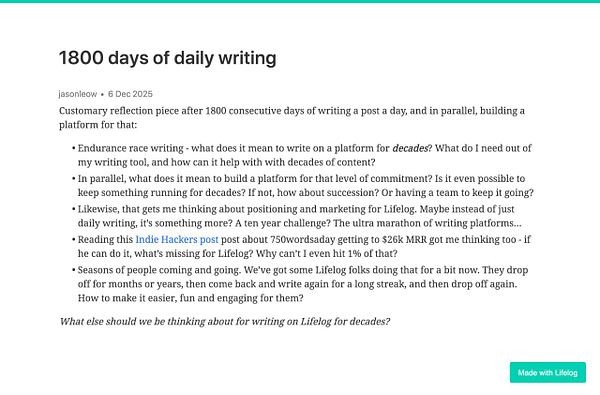 A reflective blog post discussing the challenges and considerations of maintaining a daily writing practice for 1800 consecutive days.