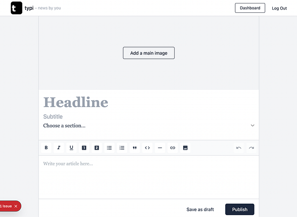 The image displays a user interface for a content creation platform with a section dropdown and editing tools.