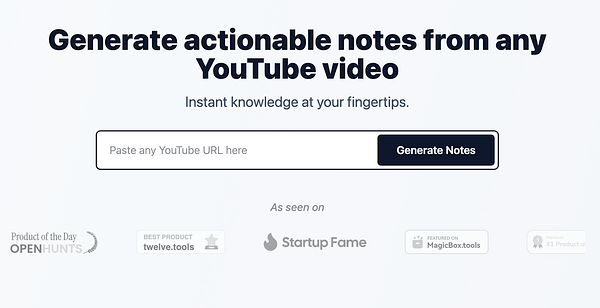 The image displays a web interface for generating notes from YouTube videos.