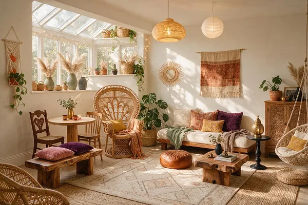 A bright studio apartment styled in bohemian decor, with a rattan peacock chair, low wooden tables, a cream sofa with colorful pillows, and many plants arranged near a large sunlit window. Natural textures like woven rugs, wicker lighting, macrame, and carved wood create a warm, relaxed atmosphere.