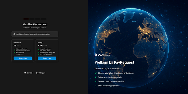 The image displays an onboarding page for PayRequest with subscription options and a global map background.