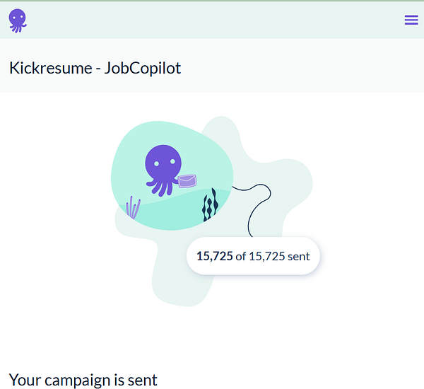 The image displays a campaign status interface from Kickresume's JobCopilot feature.