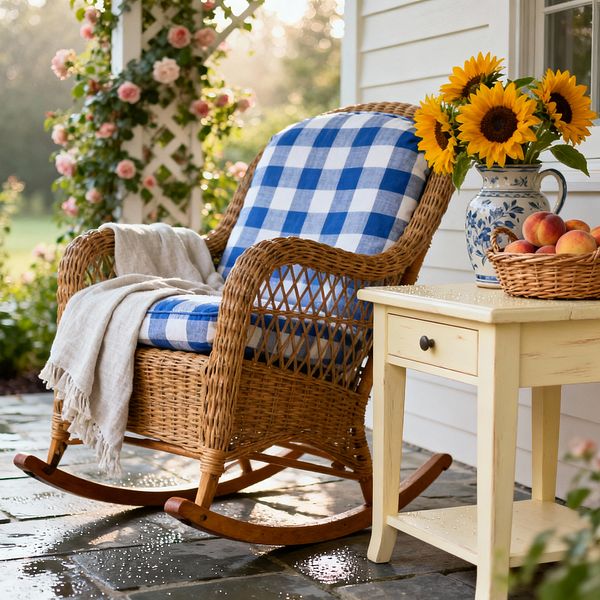 A sunlit farmhouse porch shows a honey-colored wicker rocking chair with blue-and-white buffalo check cushions and a draped light throw beside a small cream, distressed side table. The table holds a blue floral ceramic pitcher filled with sunflowers and a woven basket of peaches; behind, white clapboard siding, a rose-covered trellis, and wet slate pavers complete the cozy outdoor setting.