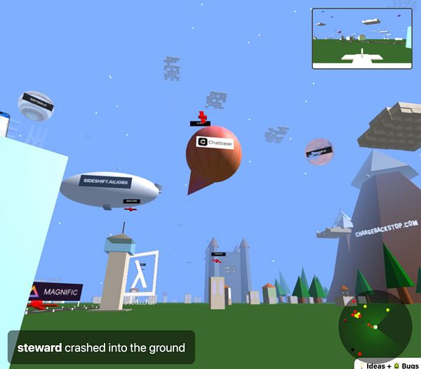 A virtual landscape featuring various floating chat balloons and structures.