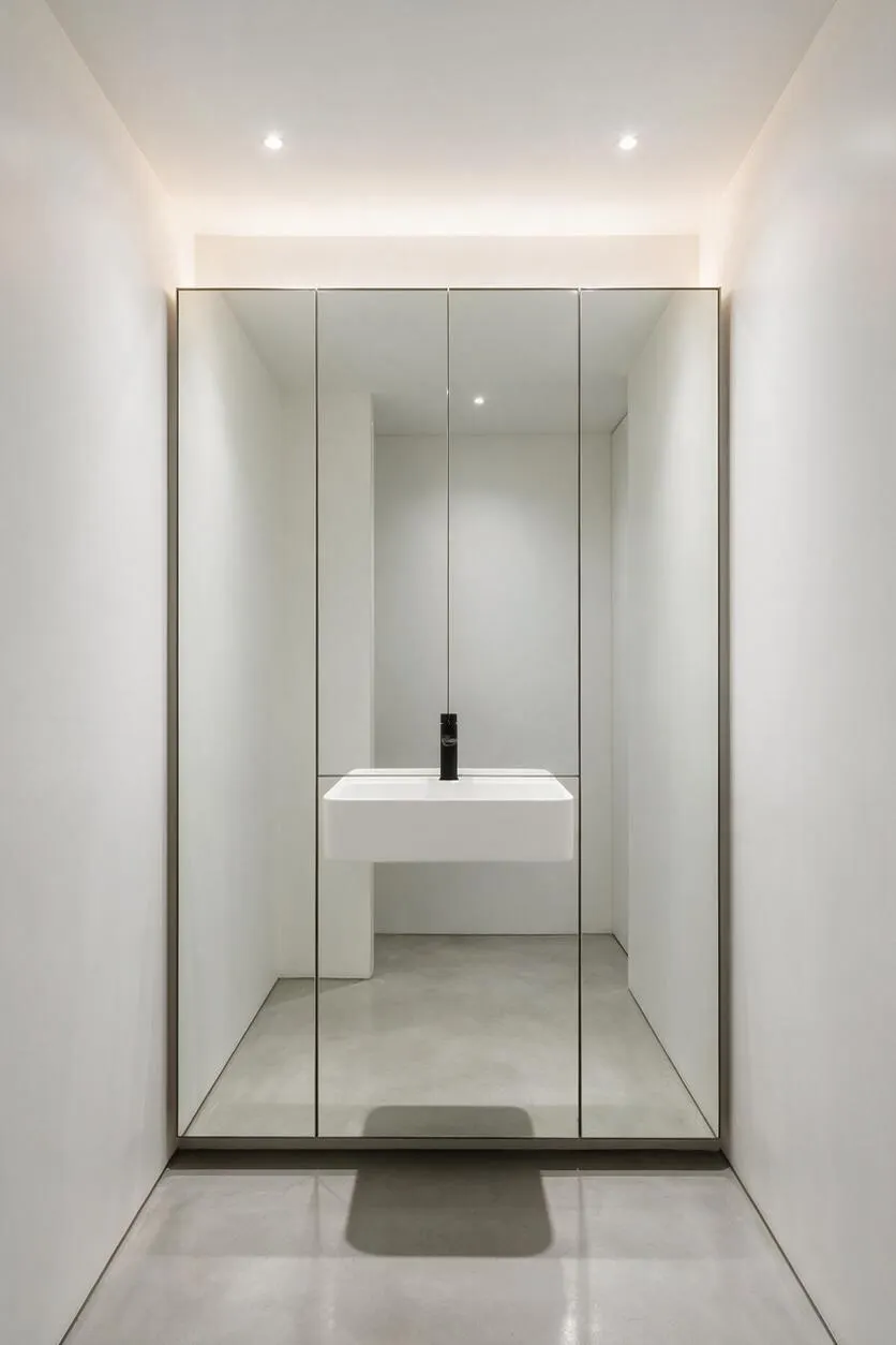 A narrow minimalist powder room with white walls, a floating white sink, and a large mirrored cabinet spanning the back wall. Thin dark metal framing divides the mirror panels, while recessed ceiling lights and a pale polished floor keep the space bright and spare.