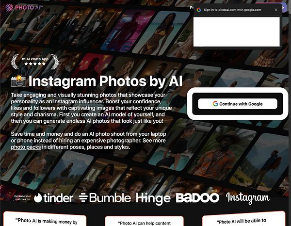 The image features a promotional interface for an AI photo app showcasing Instagram photos generated by AI.
