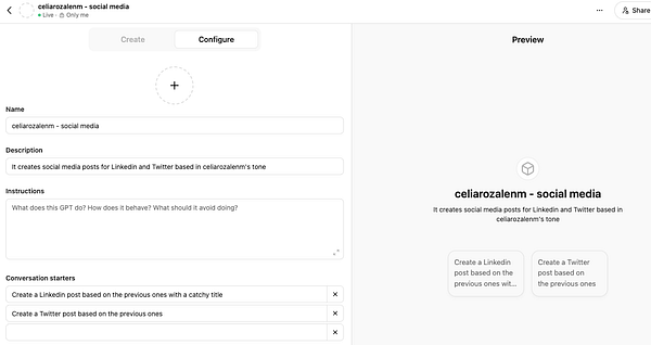 The image displays a user interface for creating a social media GPT tool.
