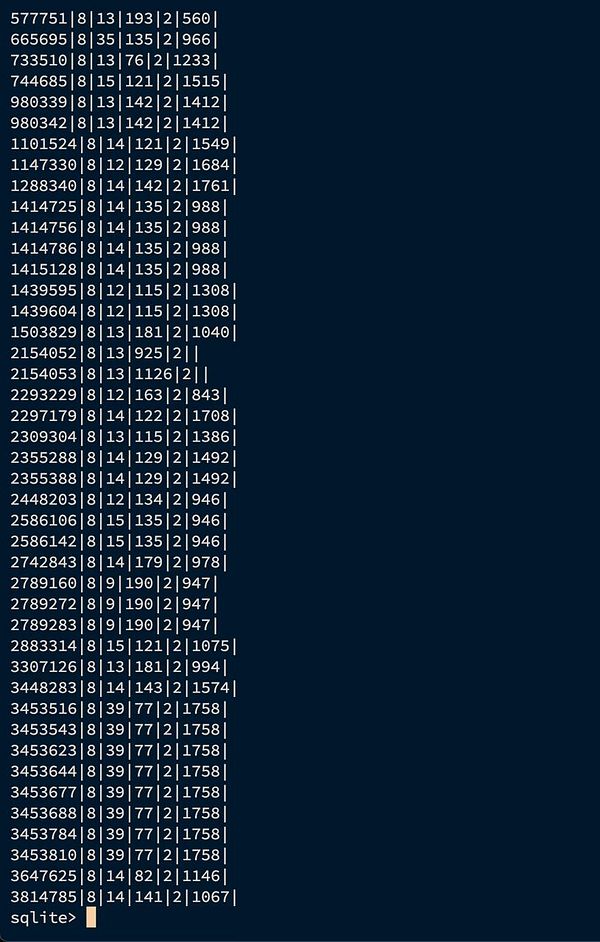 The image displays a terminal window showing a database query result with multiple log entries.