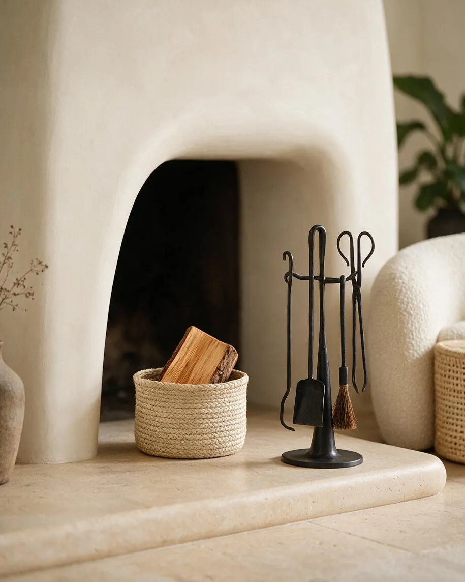 A cream plaster fireplace with a rounded opening sits on a smooth beige hearth. In front, a woven rope basket holds firewood and a black metal fireplace tool stand with hanging tools adds a simple contrast, creating a warm Organic Modern vignette.