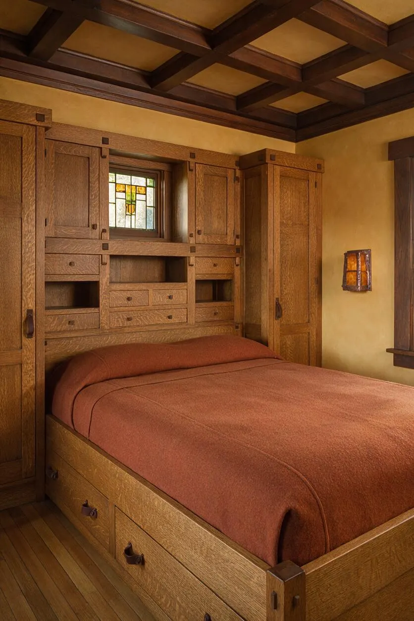 A compact studio apartment bedroom in Craftsman style featuring a built-in oak bed frame with under-bed drawers, matching storage cabinets, and a centered stained-glass window panel above the headboard. The room has a dark coffered wood ceiling, honey-toned walls, hardwood flooring, and a rust-colored bedspread, creating a warm and cohesive traditional look.