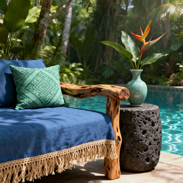An outdoor tropical living area beside a turquoise pool features a low seat with a live-edge wood arm and deep blue linen cover trimmed with tan jute fringe. A green patterned cushion rests against it, while a cylindrical black lava-stone side table holds a celadon ceramic vase with a bird-of-paradise bloom; dense palms and broadleaf plants create a lush backdrop in soft, dappled sunlight.