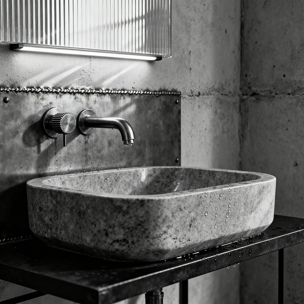Close-up of an industrial bathroom sink area featuring a shallow, rectangular gray stone vessel sitting on a blackened steel console, with water droplets on the basin and counter. Above, a brushed steel wall-mounted spout and knurled control are set into a riveted metal backsplash against raw concrete panels, while a fluted glass wall light with a slim LED casts soft illumination across the textured surfaces.