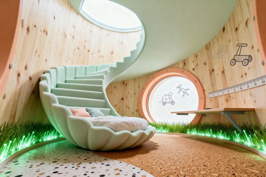 A whimsical kids' room features a mint green, shell-shaped upholstered bed that grows into a curved staircase, spiraling toward a circular skylight. Knotty pine walls and a round porthole window with peach trim frame a floating desk, while a cork and terrazzo floor curves beside fiber-optic grass lighting; playful doodles and a wall-mounted height ruler complete the imaginative, softly lit space.