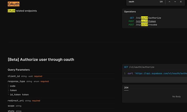 The image displays documentation for OAuth-related endpoints in Supabase.