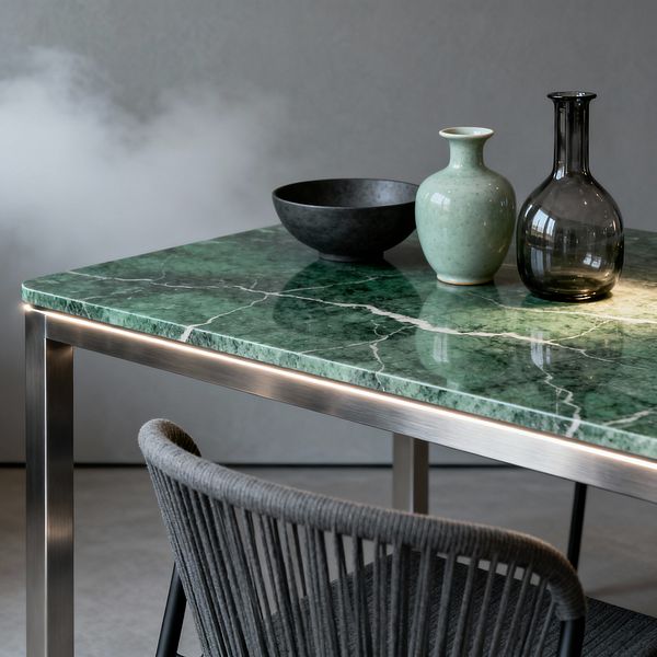 Close-up of a modern dining setup featuring an emerald green marble tabletop with white veining on a brushed stainless-steel frame illuminated by a slim LED strip under the edge. A gray rope-woven dining chair is partially visible, and the tabletop holds a matte black bowl, a pale celadon ceramic vase, and a smoky glass vessel; a soft gray wall and diffused light create a calm, minimalist atmosphere.