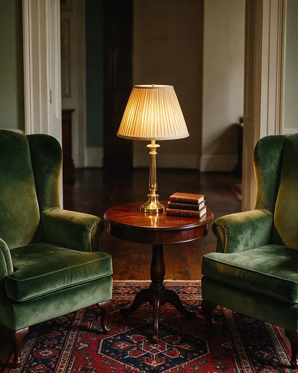 A traditional sitting area with two deep green velvet wingback chairs flanking a round polished wood side table. A brass table lamp with a pleated cream shade glows at the center, with a small stack of books beside it, all resting on a richly patterned red and navy rug.