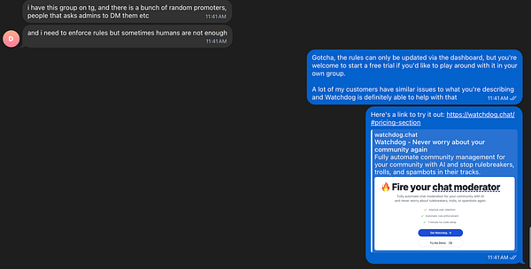 A conversation about managing a Telegram group and promoting a community management tool.