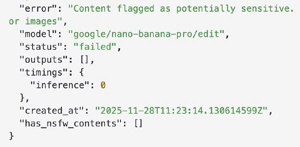 The image displays a JSON error message related to a content filtering issue in a model called Nano Banana Pro.