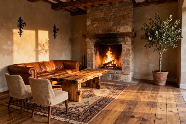 A rustic living room features a large stone fireplace with a burning fire and a heavy wood mantel. A caramel brown leather sofa sits to the left, facing a live-edge slab coffee table over a fringed, patterned rug. Two beige fabric chairs stand in the foreground. The space has warm plaster walls with wrought-iron accents, exposed wood ceiling beams, and wide-plank timber floors. A potted olive tree in a terracotta pot stands to the right, lit by late-afternoon sun.