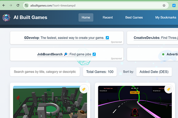 The image displays a webpage for 'AI Built Games' featuring game creation tools and job listings.