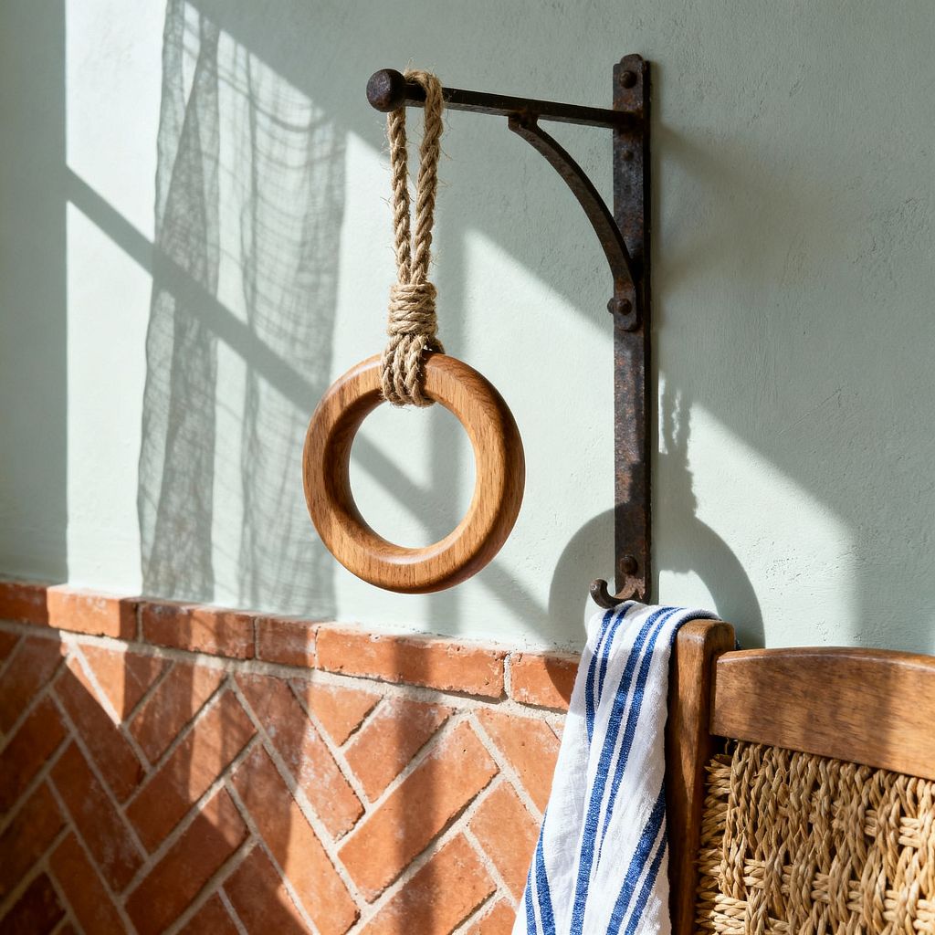 Close-up of a French Country home gym corner showing a forged iron wall bracket holding a smooth oak gymnastic ring tied with thick jute rope. A pale sage limewashed plaster wall sits above a warm terracotta herringbone brick wainscot as sunlight casts windowpane shadows; a white towel with blue stripes hangs from the hook next to a ladder-back chair with a woven rush seat, emphasizing natural textures and a rustic mood.