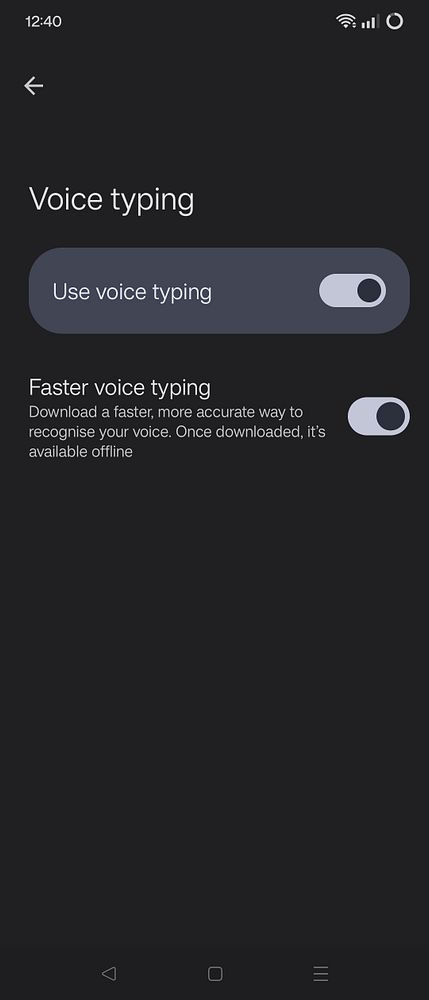 The image displays the settings interface for voice typing on an Android device.